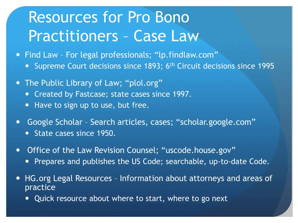 resources for pro bono practitioners case law