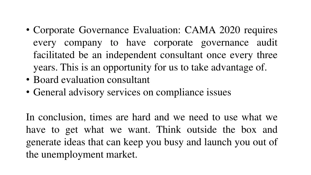 corporate governance evaluation cama 2020