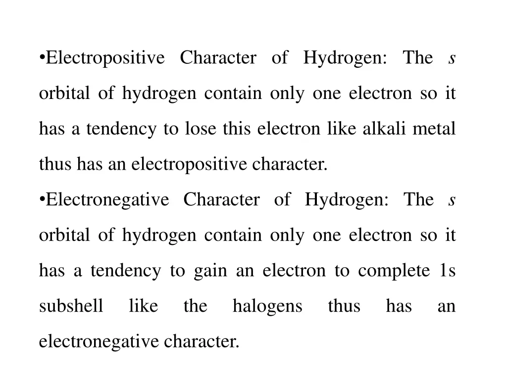 electropositive character of hydrogen the s