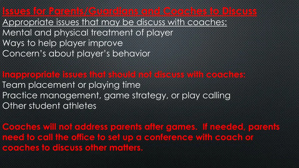 issues for parents guardians and coaches