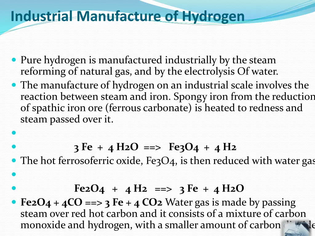 industrial manufacture of hydrogen