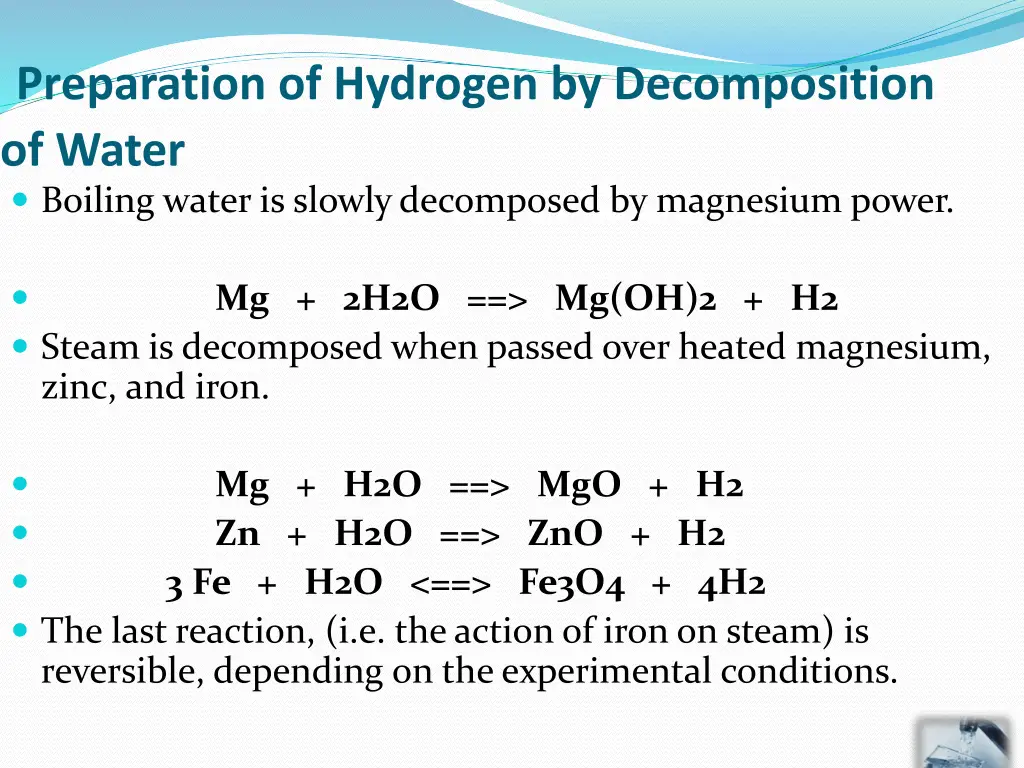 preparation of hydrogen by decomposition of water 1