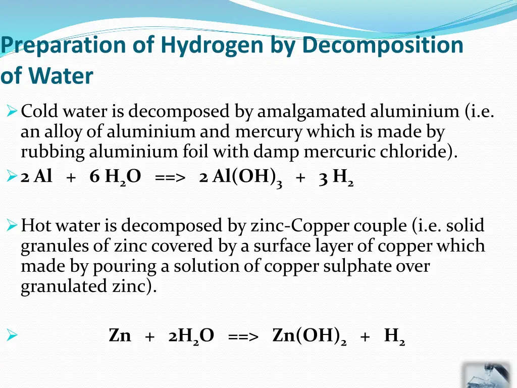 preparation of hydrogen by decomposition of water