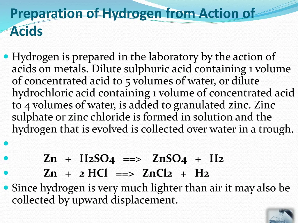 preparation of hydrogen from action of acids