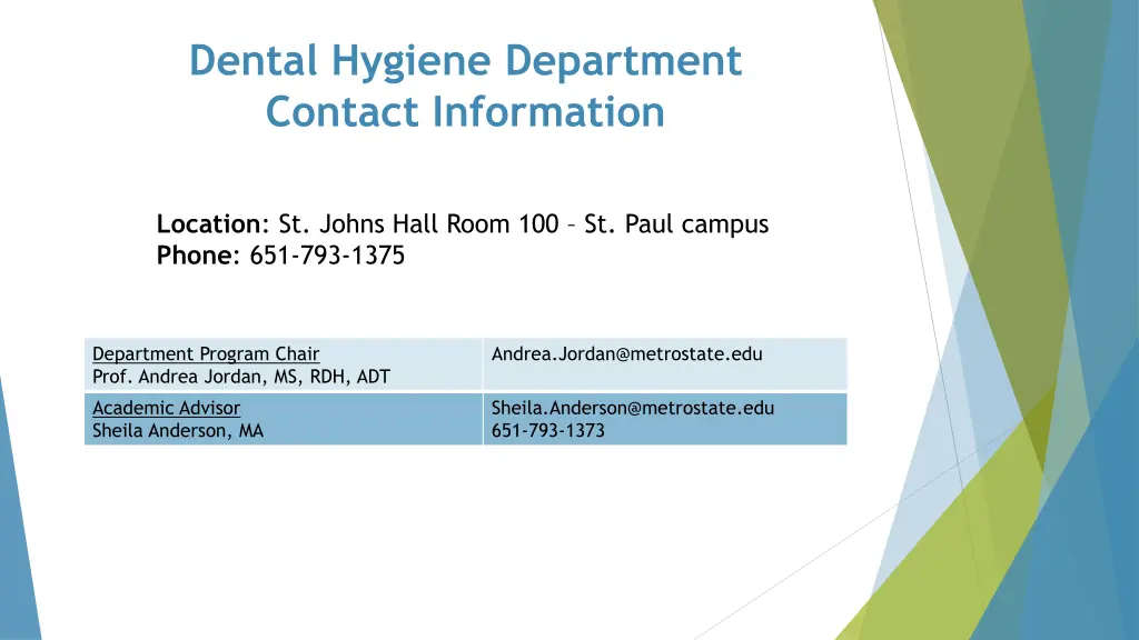 dental hygiene department contact information