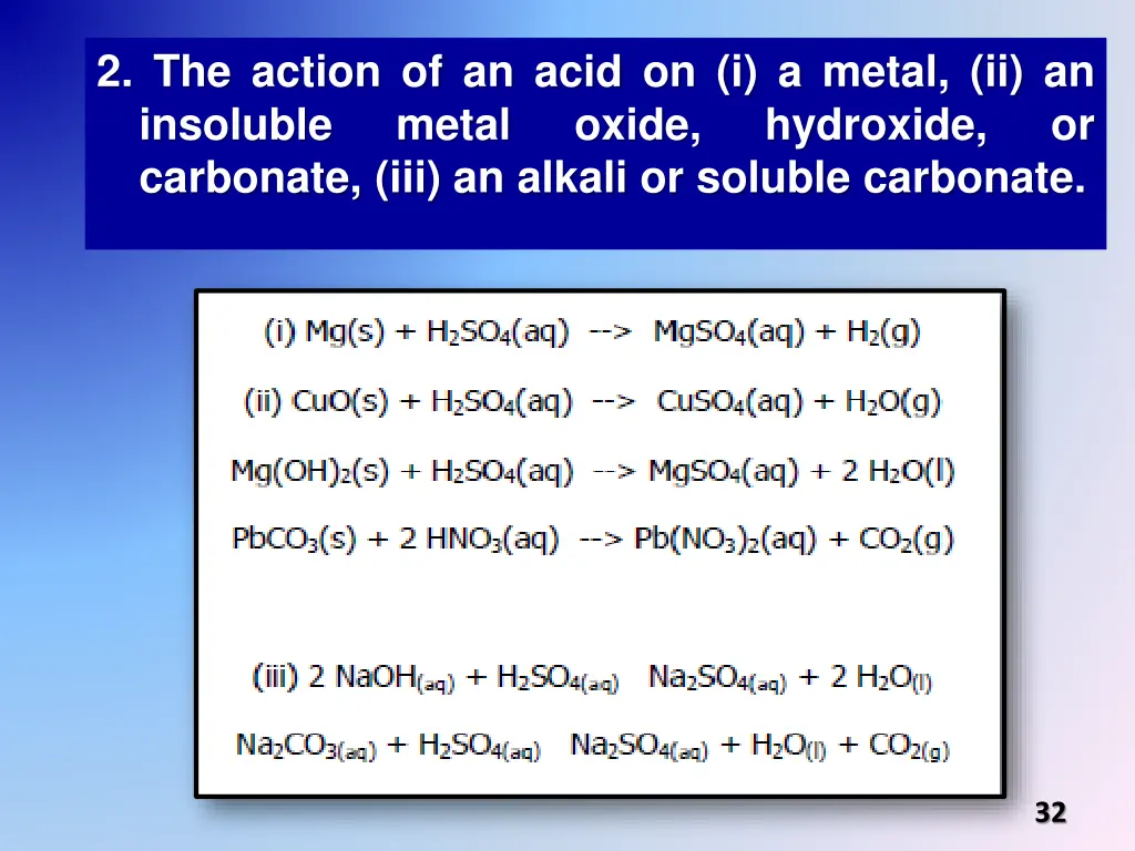 2 the action of an acid on i a metal