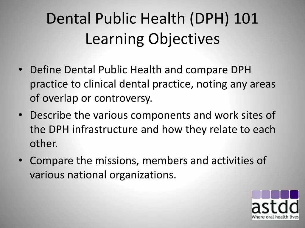 dental public health dph 101 learning objectives