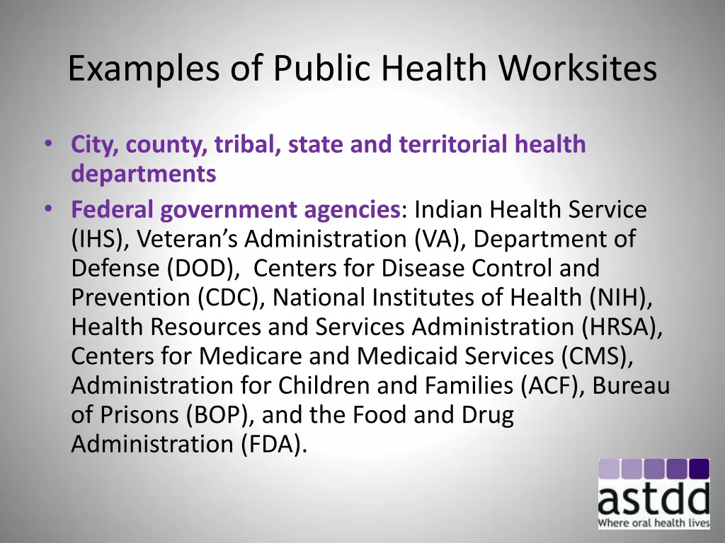 examples of public health worksites