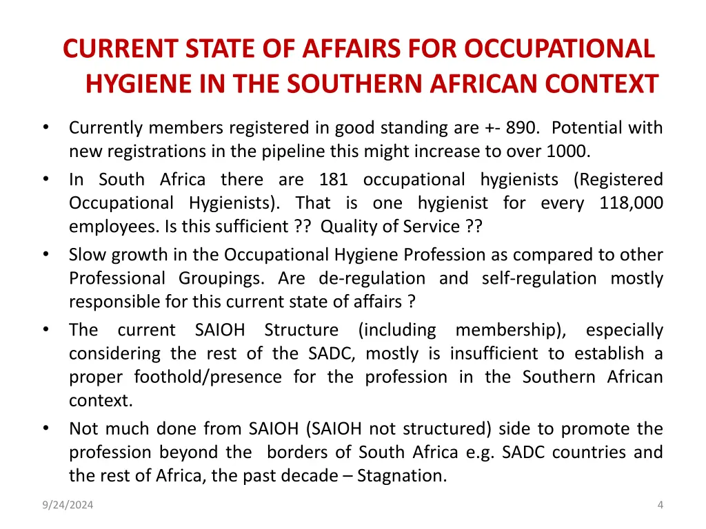 current state of affairs for occupational hygiene