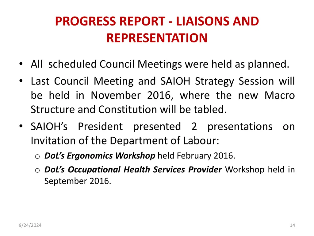 progress report liaisons and representation 1