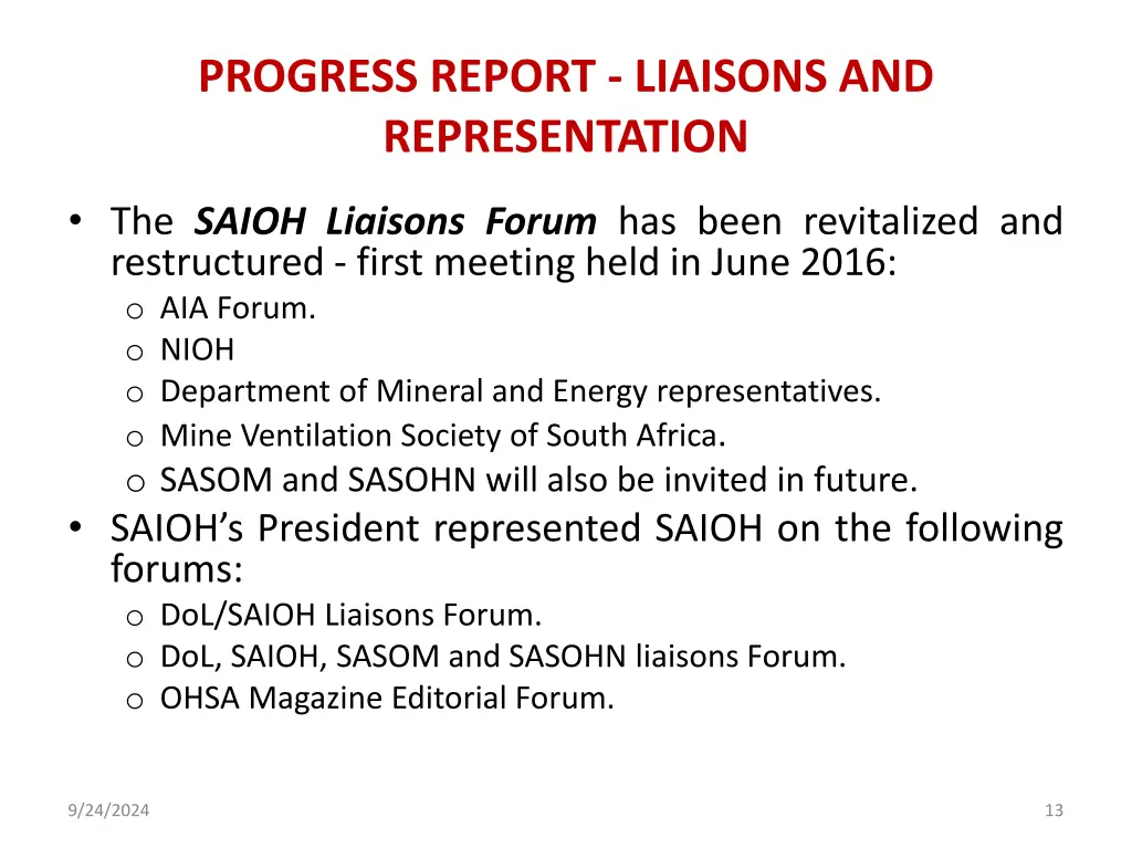 progress report liaisons and representation