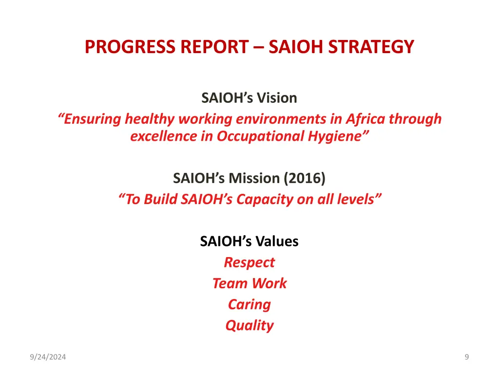 progress report saioh strategy