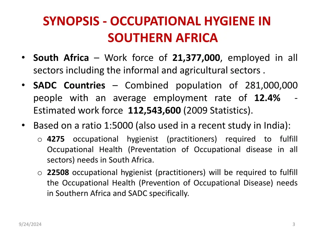 synopsis occupational hygiene in southern africa