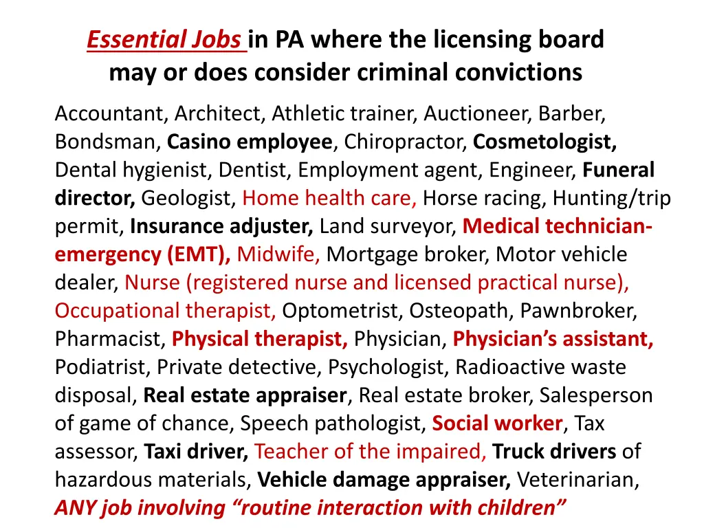 essential jobs in pa where the licensing board