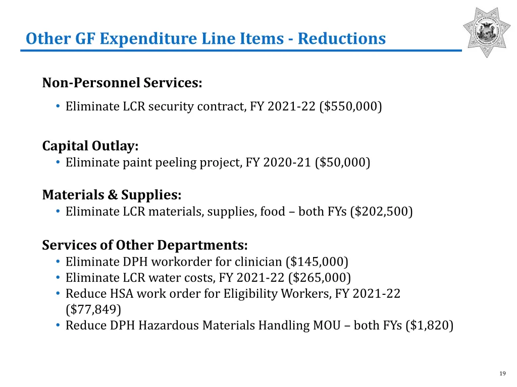 other gf expenditure line items reductions