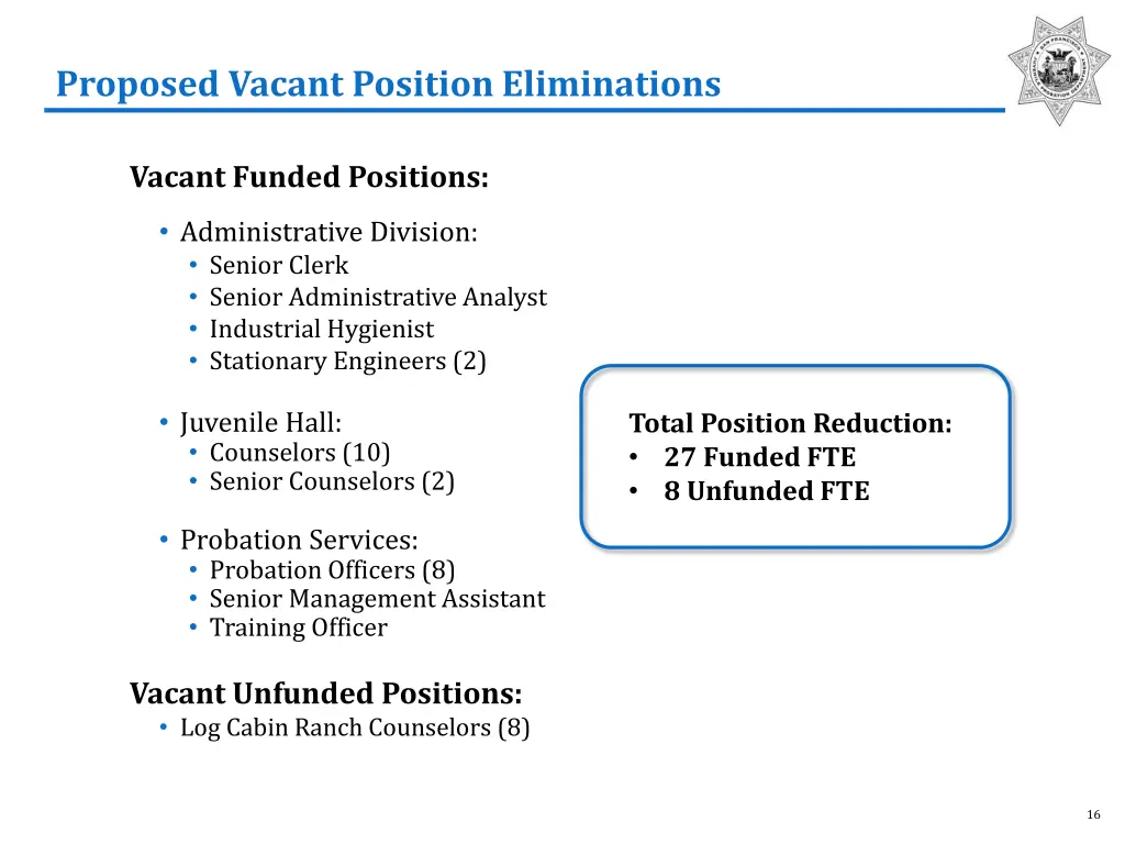 proposed vacant position eliminations