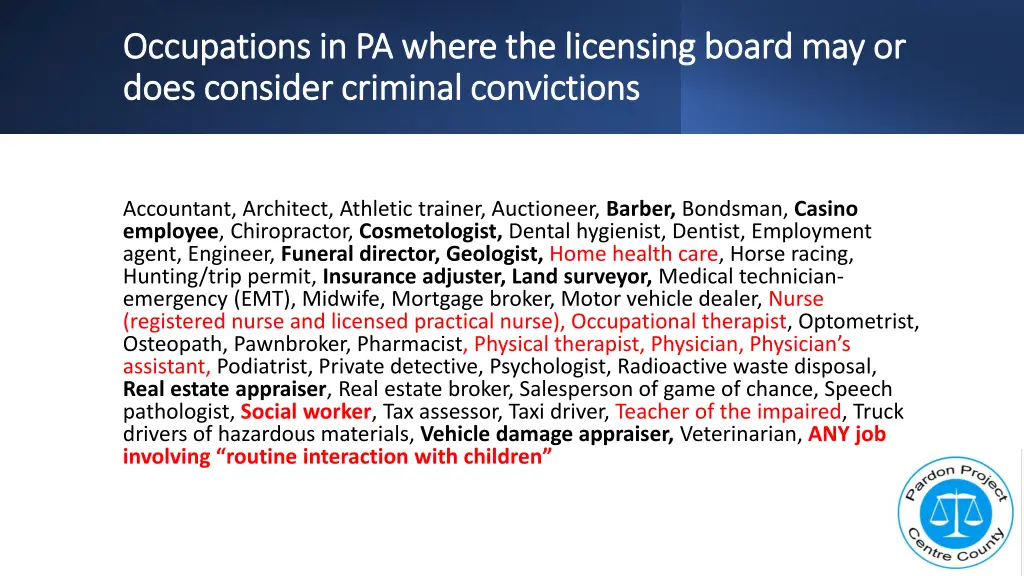 occupations in pa where the licensing board