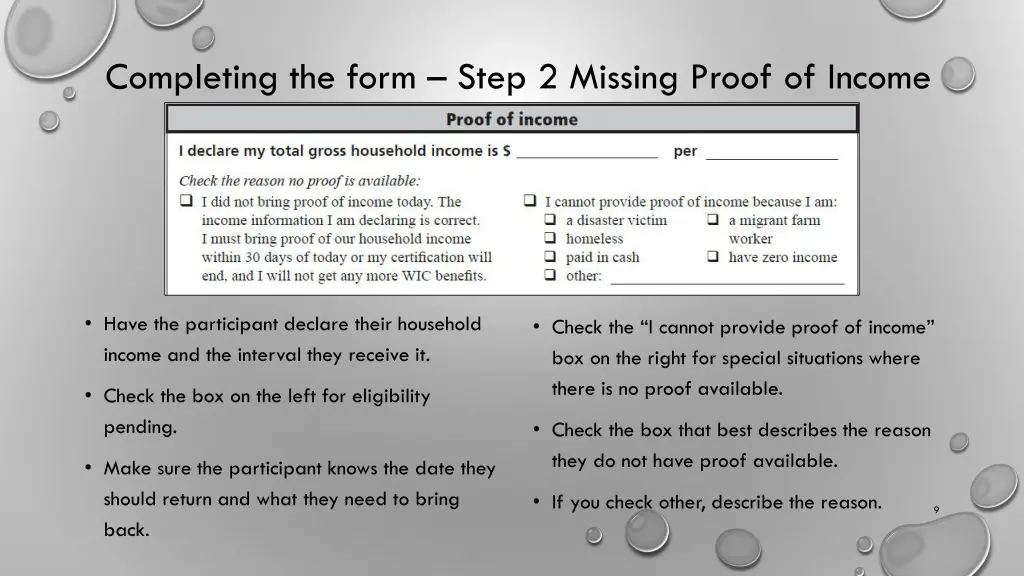 completing the form step 2 missing proof of income