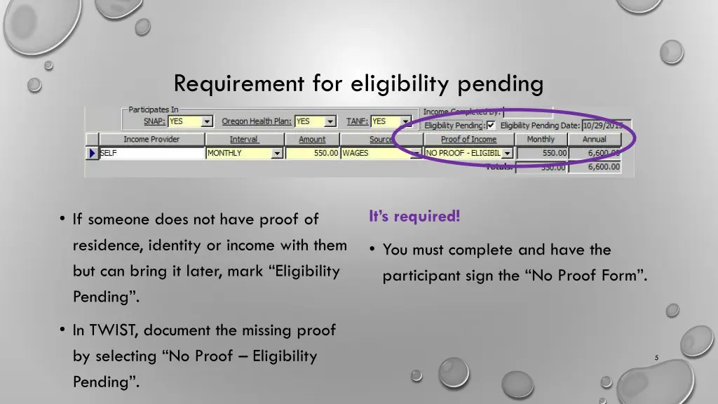 requirement for eligibility pending