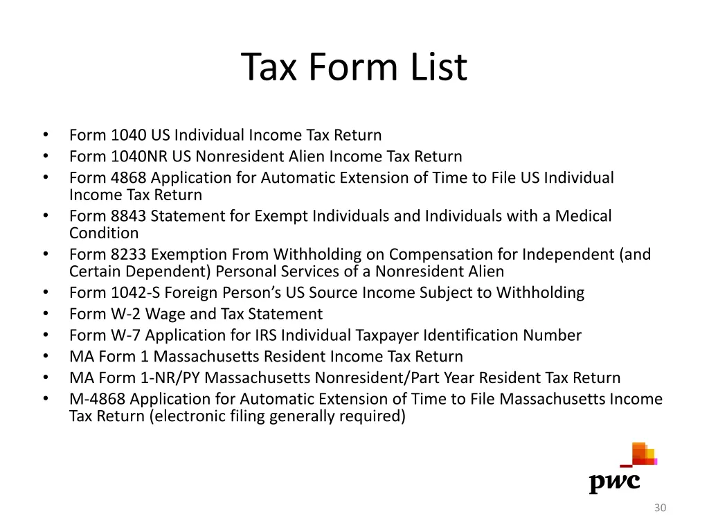 tax form list