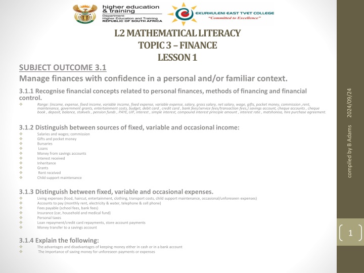 l2 mathematical literacy topic 3 finance lesson 1