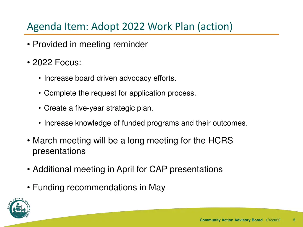 agenda item adopt 2022 work plan action