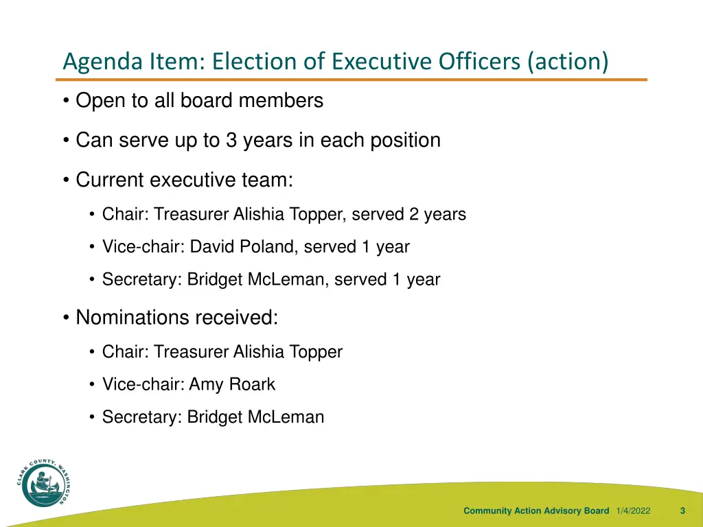 agenda item election of executive officers action