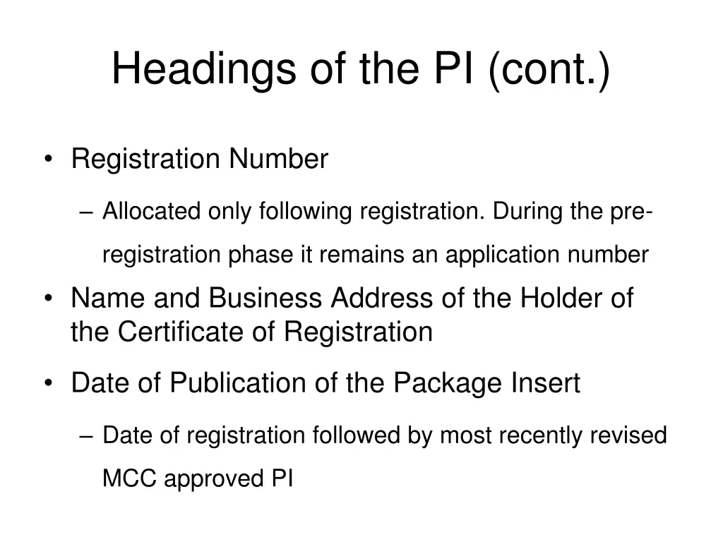 headings of the pi cont 22