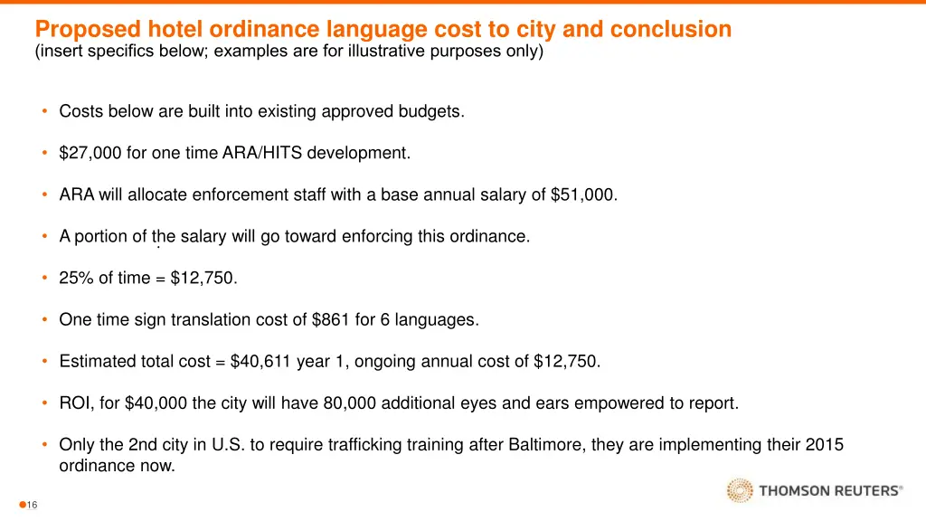 proposed hotel ordinance language cost to city