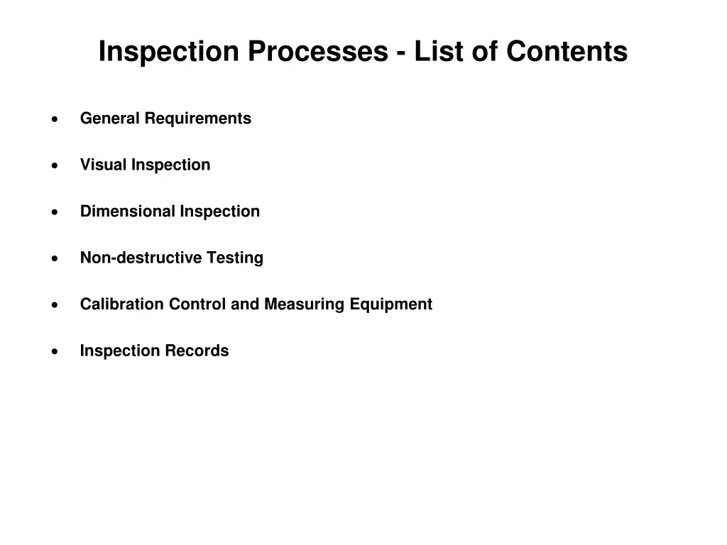 inspection processes list of contents