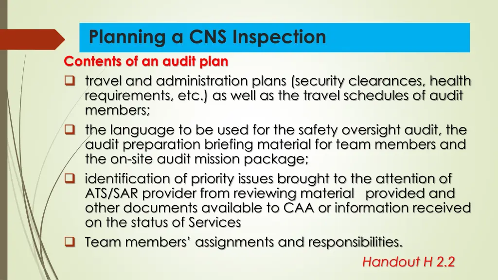 planning a cns inspection contents of an audit 1