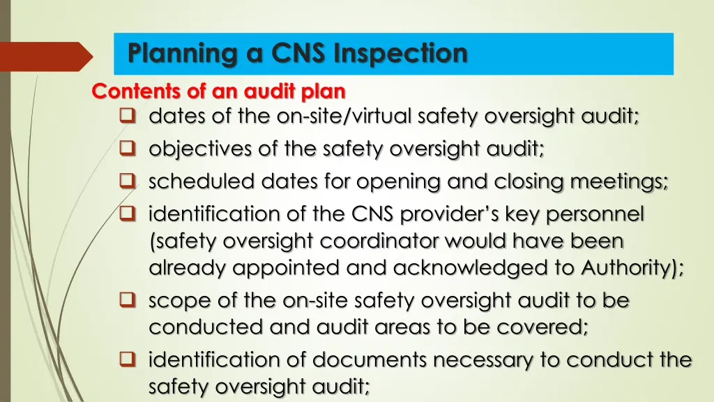 planning a cns inspection contents of an audit