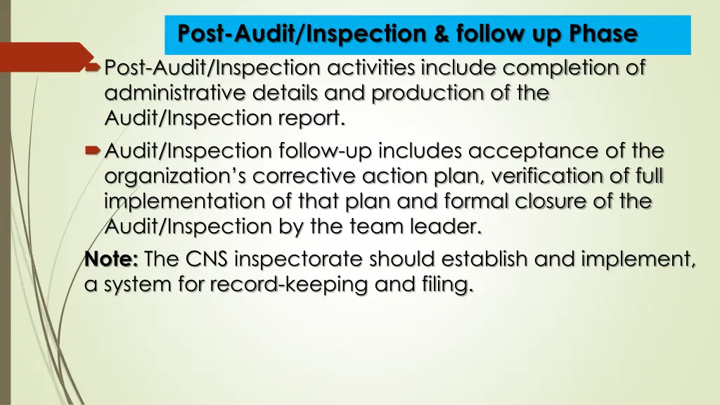 post audit inspection follow up phase post audit