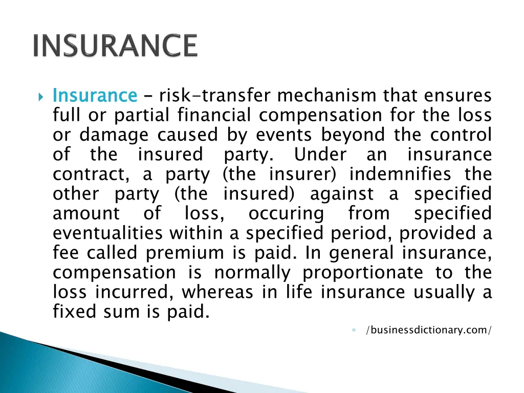 insurance full or partial financial compensation