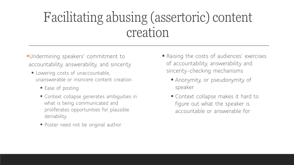 facilitating abusing assertoric content creation