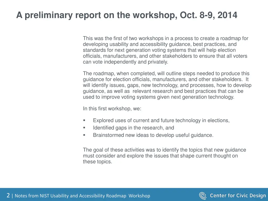 a preliminary report on the workshop oct 8 9 2014