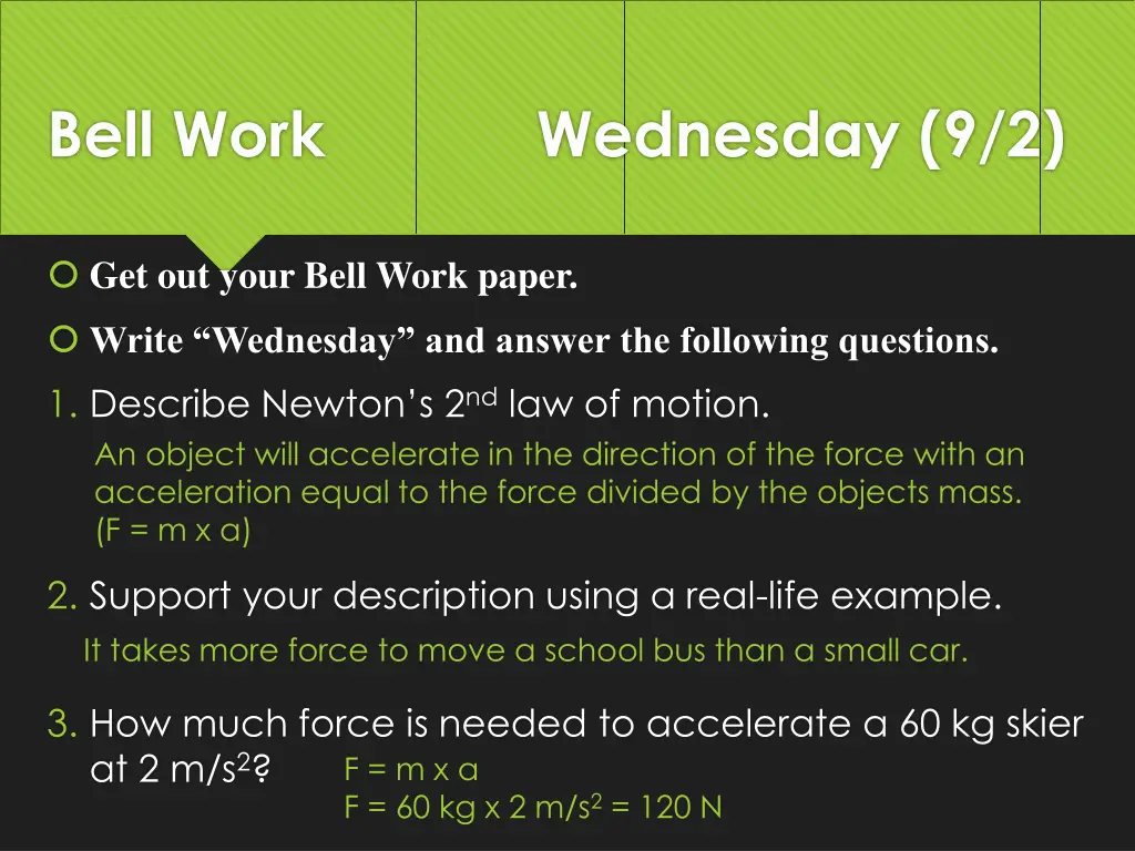 bell work wednesday 9 2