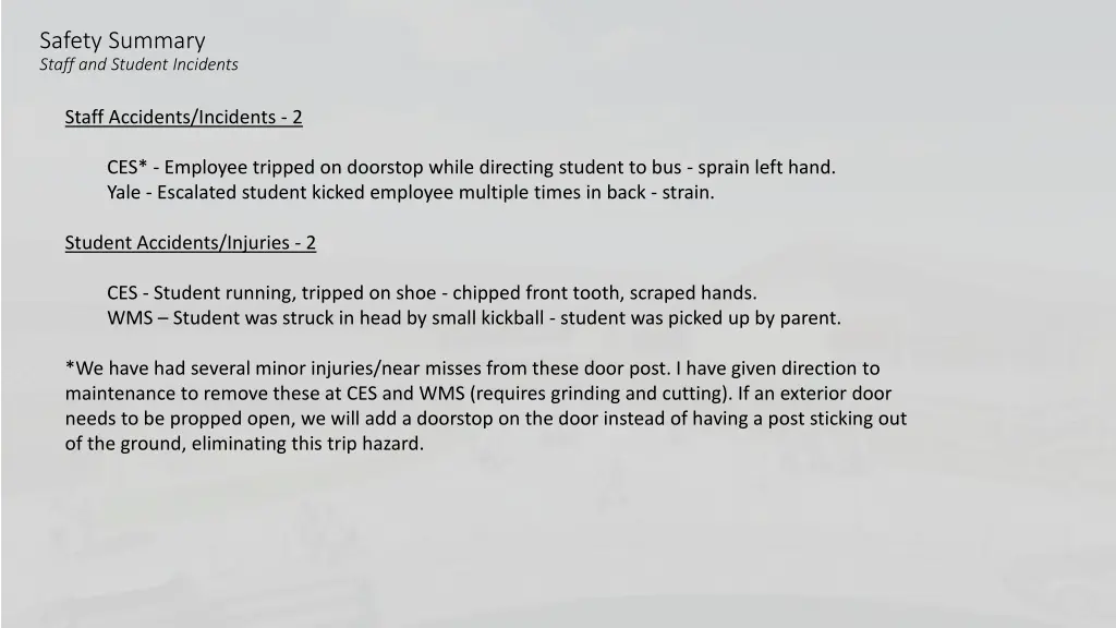 safety summary staff and student incidents