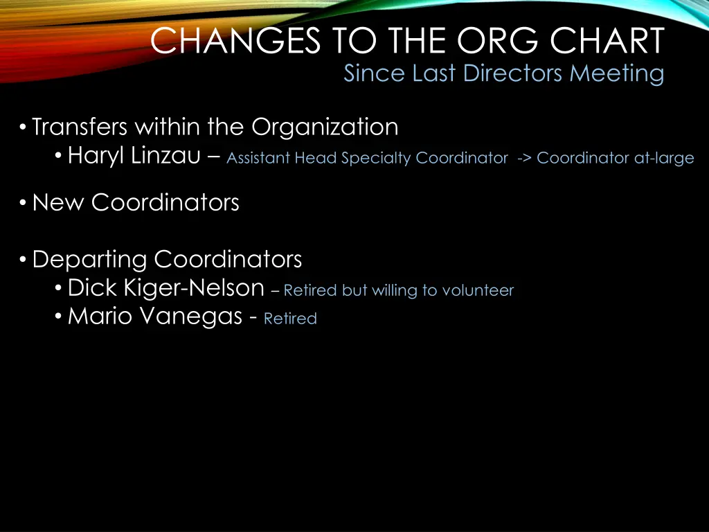 changes to the org chart since last directors