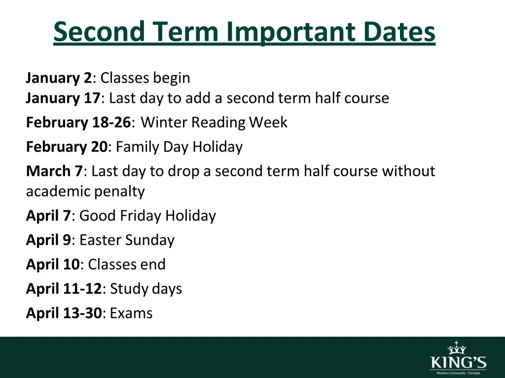 second term important dates