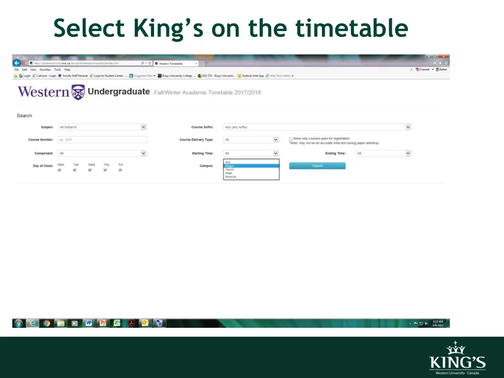 select king s on the timetable