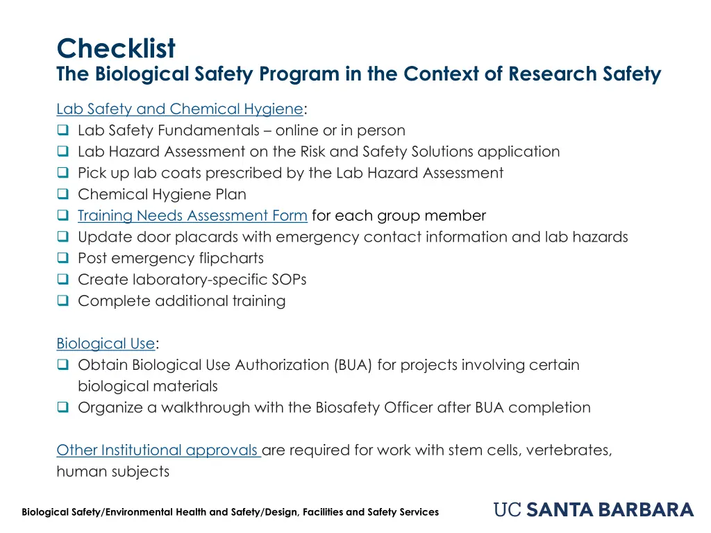 checklist the biological safety program