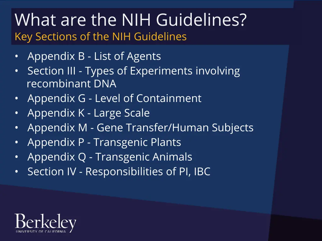 what are the nih guidelines key sections