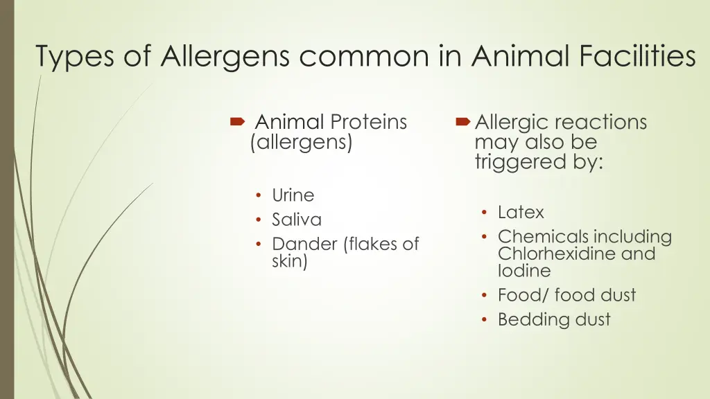 types of allergens common in animal facilities