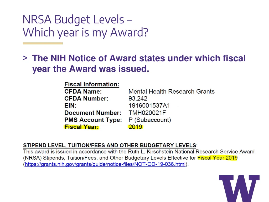 nrsa budget levels which year is my award