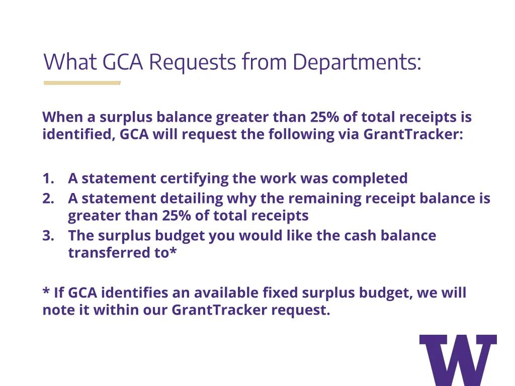 what gca requests from departments