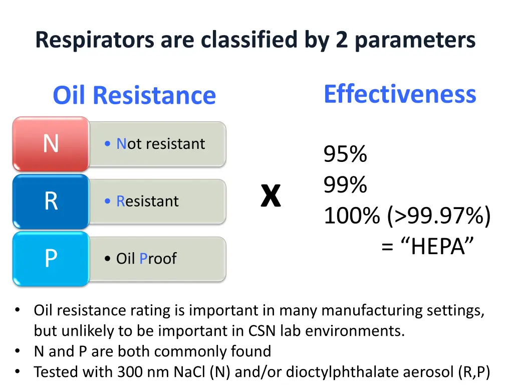 respirators are classified by 2 parameters