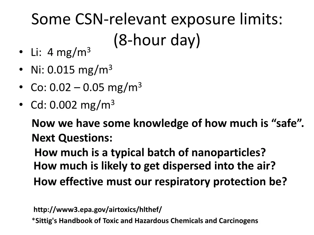 some csn relevant exposure limits 8 hour