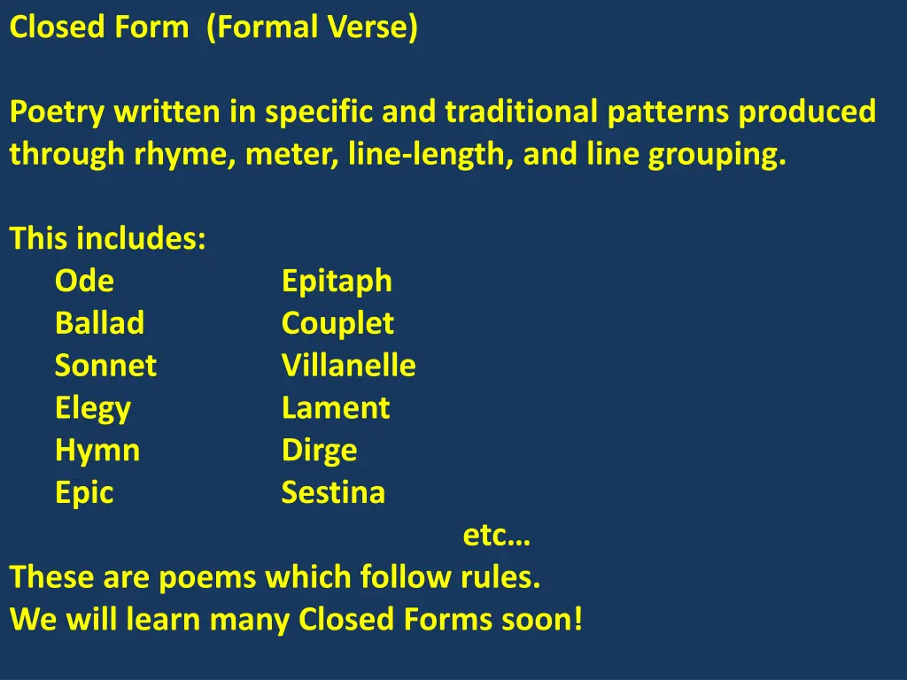 closed form formal verse