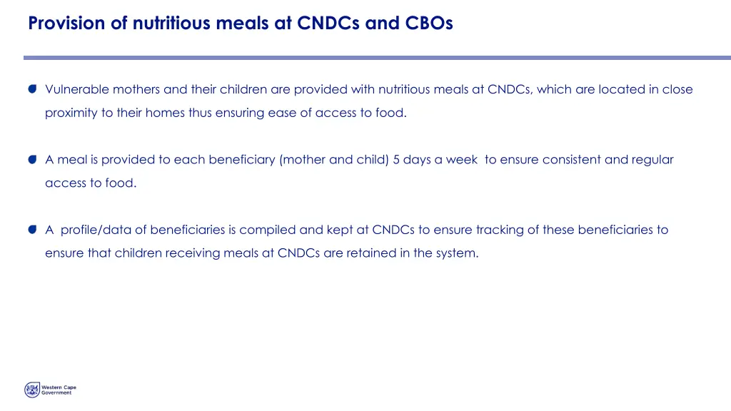 provision of nutritious meals at cndcs and cbos